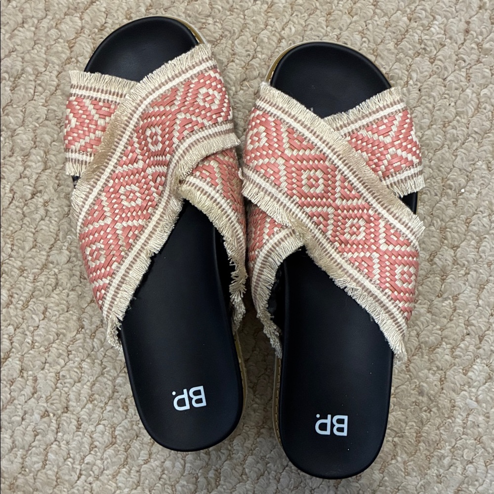 BP Booker Pink and Cream Woven Boho Slide Sandals
